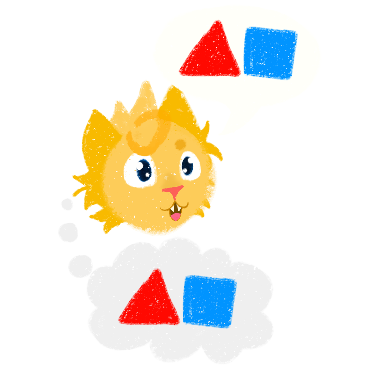 A cartoon cat with large, round eyes is shown. The cat's mouth is open slightly. A speech bubble above the cat's head contains a red triangle and a blue square. In the cat's thought bubble, a red triangle and a blue square are visible.